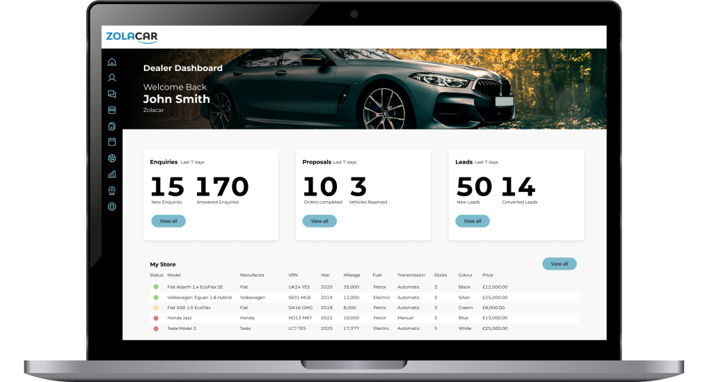Zolacar dealer dashboard on laptop