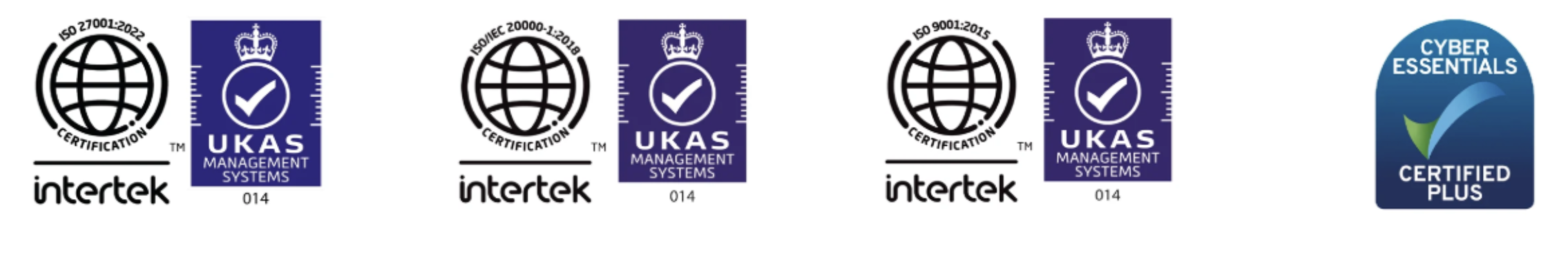 ISO 27001, ISO 9001, ISO/IEC 20000-1 and Cyber Essentials Plus certification badges
